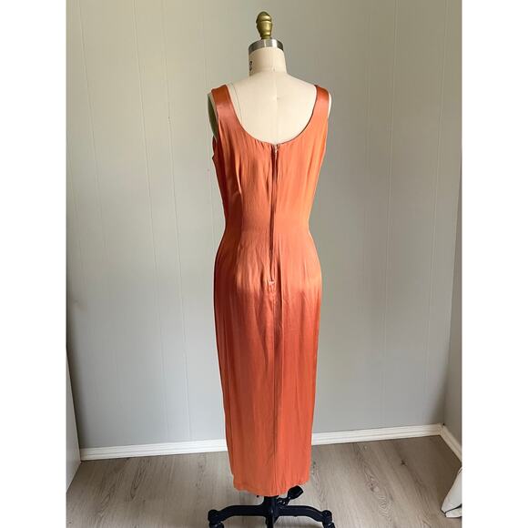 Vintage 90s Y2K Just Choon Peach Copper Satin Dress 7 Maxi Midi Vamp Vixen Shiny - Picture 4 of 16